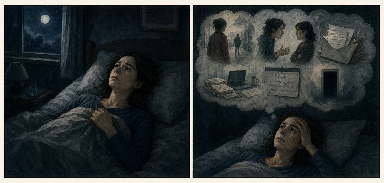 Bande dessinée illustrant l'insomnie, l'anxiété nocturne et les ruminations