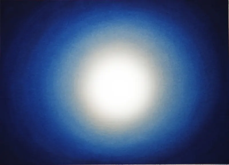 Peinture évoquant une lumière intérieure bleue et blanche