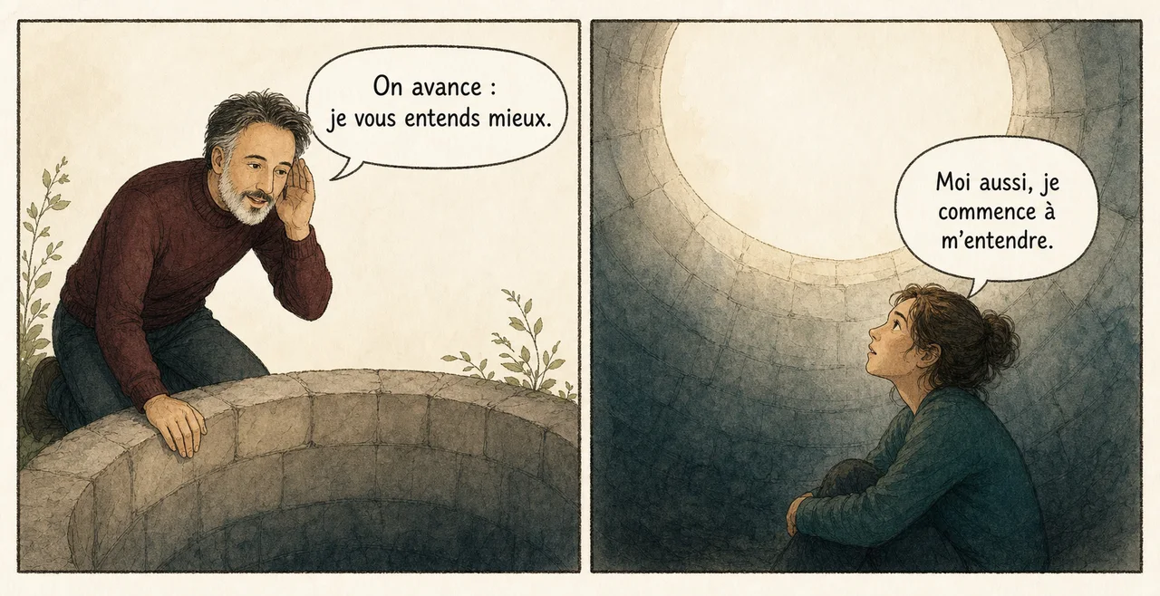 Bande dessinée symbolisant une thérapie de fond : un accompagnant écoute une personne au fond d'un puits intérieur